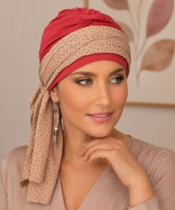 Turban Krystyna czerwony + wzór beż