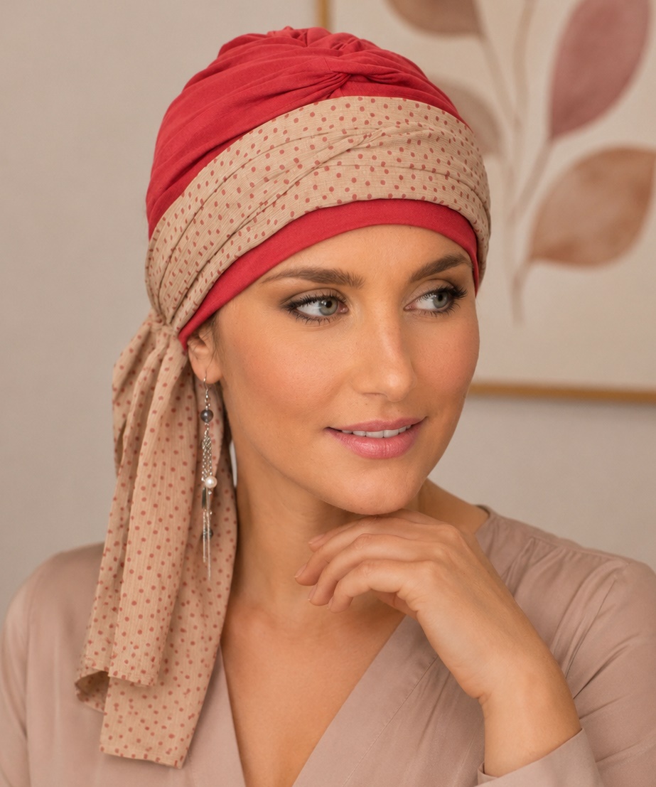 Turban Krystyna czerwony + wzór beż