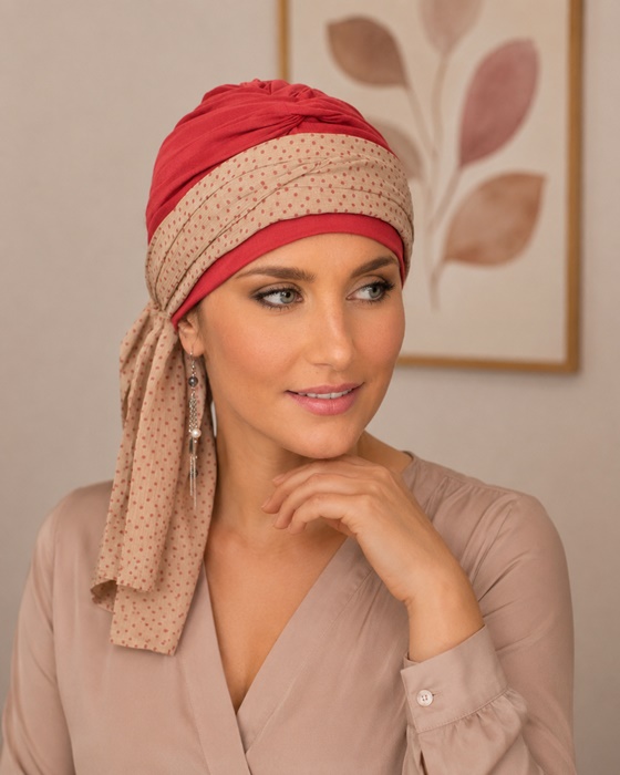 Turban Krystyna czerwony + wzór beż - obrazek 2