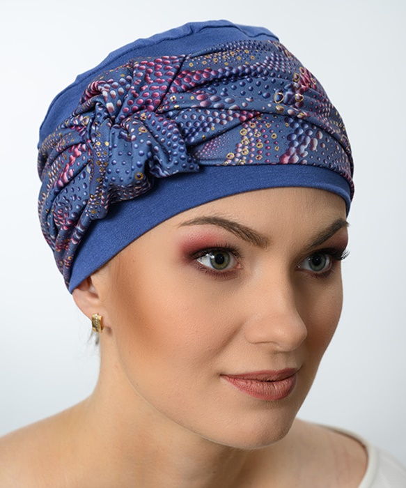 Bambusowy elegancki Turban Matylda Po chemioterapii niebieski + kropki