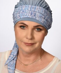 wiązana chusta po chemii szaro niebieska