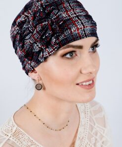 damski turban na głowę granatowy w kratę