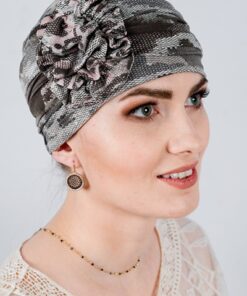 turban na głowę Eryka szaro różowy w ciapki imitujące skórę węża