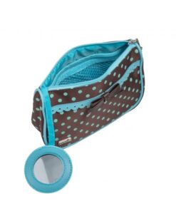 mała niebiesko brązowa kosmetyczka w kropki