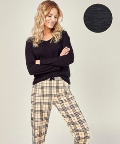 elegancka piżama długi rękaw czarna krata Taro