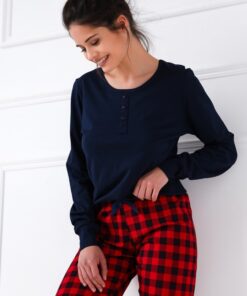 piżama granatowa krata długi rękaw bonnie