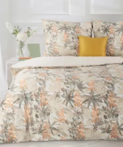 Pościel Classic - beżowo szaro pomarańczowa pościel w roślinny wzór