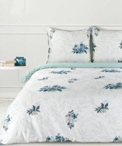 Biała Pościel Eurofirany z satyny bawełnianej - biała w drobne niebieskie kwiatki
