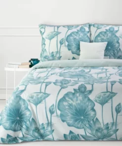 Biała Pościel w niebieskie liście - Eurofirany Classic - 100% bawełniana pościel