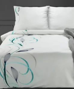 Pościel Eurofirany Premium - satyna bawełniana - pościel biała w szaro miętowy haft