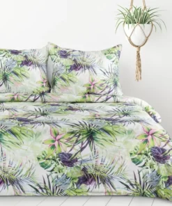 Pościel z mikrofibry - biało zielona w egzotyczne liście