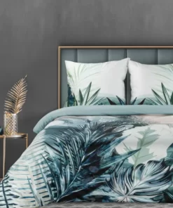 Biało miętowa Pościel Eurofirany Premium - z makosatyny bawełnianej w liście