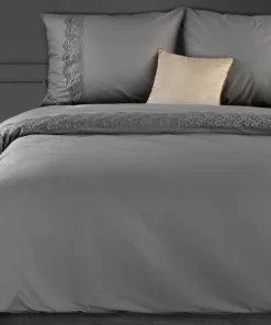 Bawełniana ciemno szara Pościel Eurofirany Premium - gładka pościel z koronką