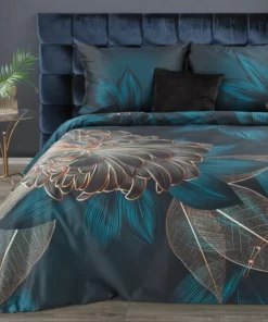 Granatowa Pościel Eurofirany Premium w duże kwiaty i liście turkusowo złote