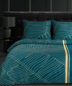 Turkusowa Pościel Eurofirany z satyny bawełnianej - niebieska pościel w złote liście