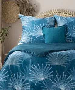 Niebieska Pościel w listki - Eurofirany Terra Collection - satyna bawełniana - niebieski