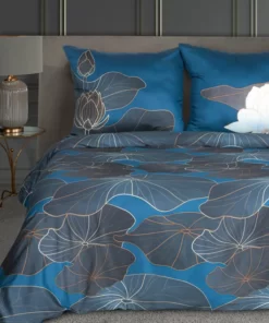 Niebieska Pościel w granatowe liście - Limited Collection - satyna bawełniana