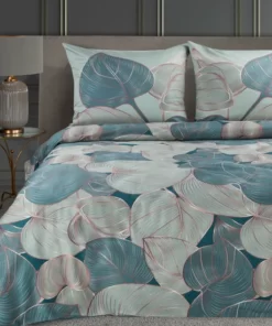 Niebieska Pościel Eurofirany w szaro miedziane listki - miękka satyna bawełniana