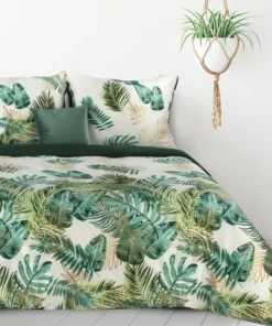 Pościel z mikrofibry Eurofirany - biała w zielone liście