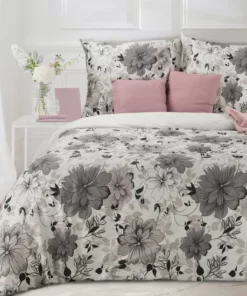 Pościel Polska - klasyczna pościel z satyny bawełnianej - szara w kwiatki