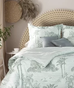 Miętowa Pościel Eurofirany - Terra Collection - 100% bawełna - szałwiowa, jasno zielona w palmy