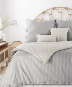 Szaro beżowa Pościel w paski - Eurofirany Terra Collection - szary + beż - na guziki