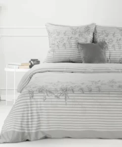 Pościel bawełniana Eurofirany - szara pościel bawełniana w pasy i kwiaty
