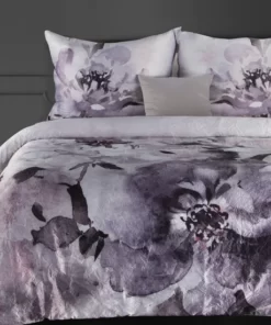 Pościel z bawełny kreszowanej w kwiaty - biało szaro fioletowa