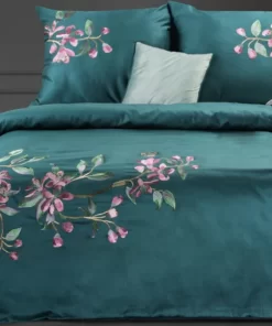 Pościel z bawełny satynowej w haftowane kwiaty - Eurofirany Premium - turkusowa