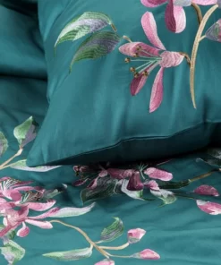 Alternative view of Pościel z bawełny satynowej w haftowane kwiaty - Eurofirany Premium - turkusowa
