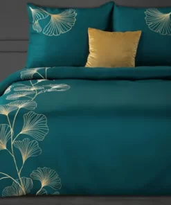 Pościel satynowa ze złotym haftem w liście - Eurofirany Premium - pościel turkusowa