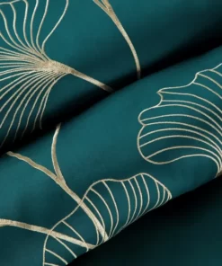 Alternative view of Pościel satynowa ze złotym haftem w liście - Eurofirany Premium - pościel turkusowa