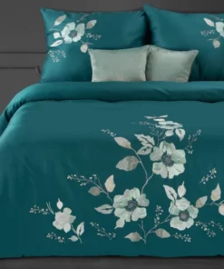 Pościel Premium - turkusowy niebieski z kwiatowym haftem