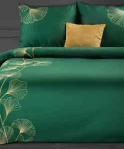 Pościel satynowa ze złotym haftem w liście - Premium - pościel zielona