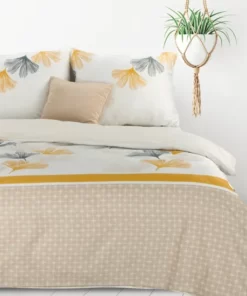 Pościel biało beżowa w liście miłorzębu - łatwe w prasowanie