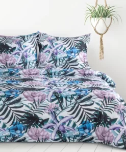 Pościel fioletowo niebieska z mikrofibry Eurofirany - w tropikalny wzór
