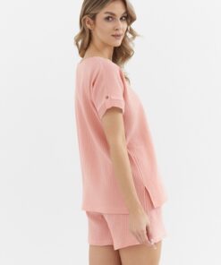 blado różowa piżama damska krótkie spodnie muślinowa