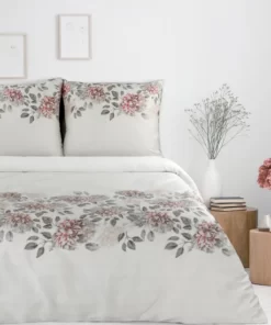 Biała pościel w szaro czerwone kwiaty - Nova Print Satynowa