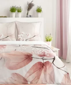 Biało różowa Pościel Eurofirany Premium - z makosatyny bawełnianej w liście i kwiaty