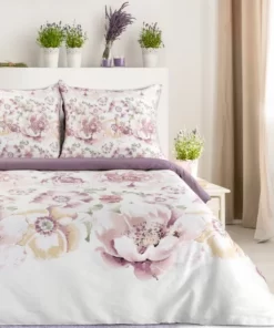 Pościel Classic Satin - satyna bawełniana - biało fioletowa w kwiaty