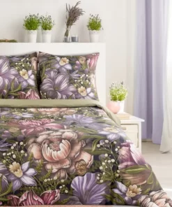 Oliwkowa pościel w kolorowe kwiaty z satyny bawełnianej