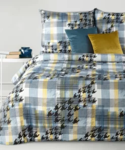 Pościel niebiesko szaro żółta krata - satyna Nova Print