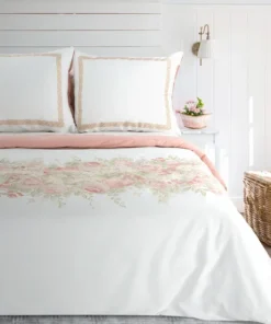 Pościel Biało różowa w kwiaty z satyny bawełnianej
