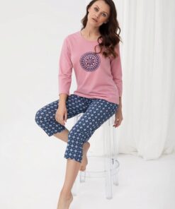 bawełniana piżama damska polska różowo granatowa