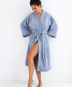 niebieski długi ciepły szlafrok damski frotte