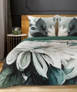 Zielono szara pościel w duże kwiaty – Eurofirany Premium