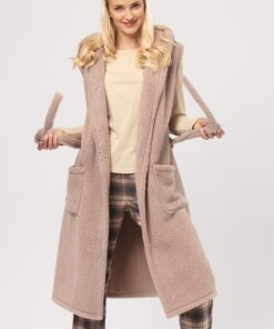 długa do kolan kamizelka po domu ciepła kawowa