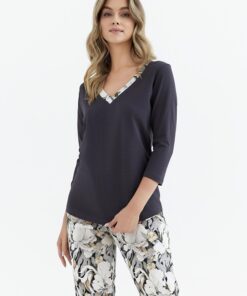 szara piżam damska w kwiaty