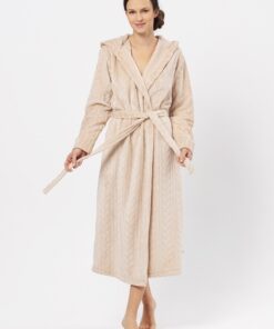 bezowy długi do łydek szlafrok damski elegancki z kapturem