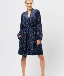 puszysty miękki szlafrok damski granatowy elegancki key